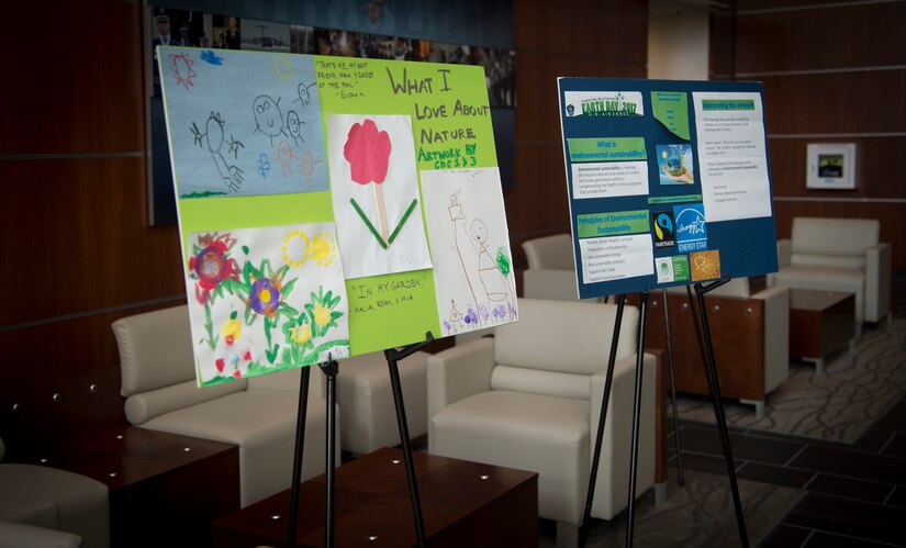 Youth art is displayed in the William A. Jones III Building in honor of Earth Week on Joint Base Andrews, Md., April 19, 2017. The week also included a tree-planting ceremony, seed-planting, and more. (U.S. Air Force photo by Senior Airman Mariah Haddenham)