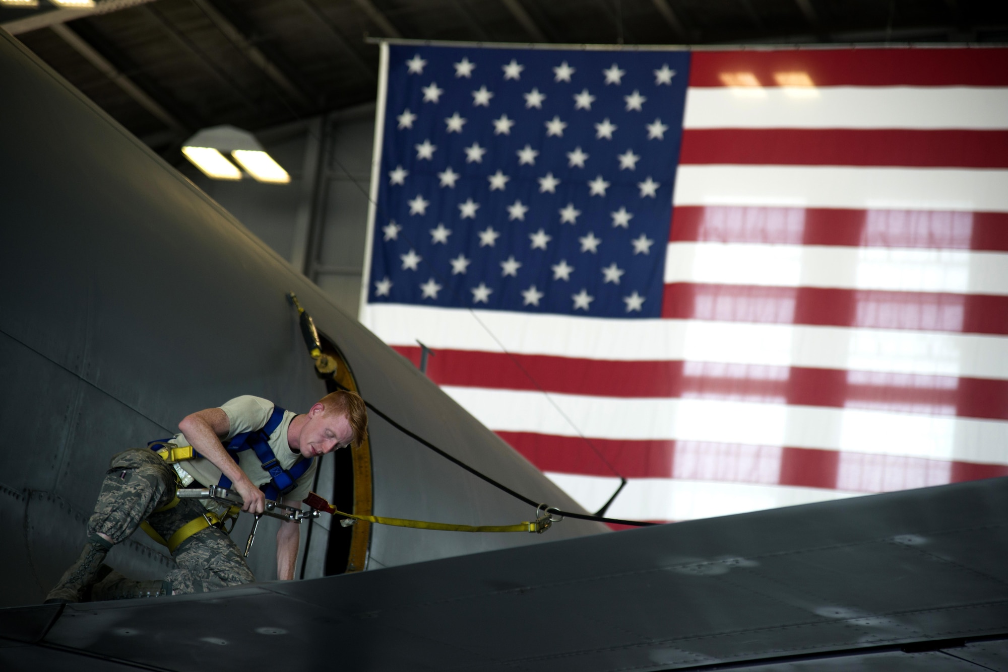 U.S. Air Force Staff Sgt. Robert Riddle, a refuel aircraft maintenance journeyman assigned to the 6th Aircraft Maintenance Squadron, inspects the wing of a KC-135 Stratotanker aircraft April 10, 2017, at MacDill Air Force Base, Fla. The two-week-long inspection required multiple squadrons to come together to get the job done. (U.S. Air Force photo by Airman 1st Class Rito Smith)  