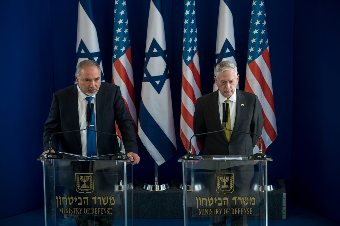 Defense Secretary Jim Mattis and Israeli Defense Minister Avigdor Lieberman host a joint press conference at the Israeli Ministry of Defense in Tel Aviv, Israel, April 21, 2017. Mattis is the first cabinet member from the new administration to visit Israel. DoD photo by Air Force Tech. Sgt. Brigitte N. Brantley