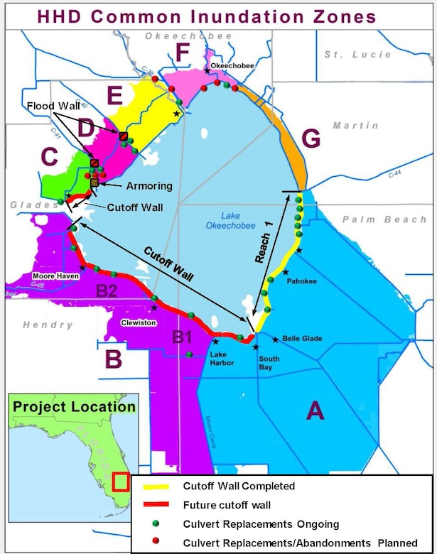 The U.S. Army Corps of Engineers continues rehabilitation of the Herbert Hoover Dike surrounding Lake Okeechobee in south Florida.  This map shows current and future rehabilitation activities.  The Corps has installed 21 miles of seepage barrier, commonly known as a partial cutoff wall, in the area marked "Reach 1."  The Corps plans to resume installation of additional cutoff wall within the next year in the area west of Belle Glade.  The Corps is also replacing 26 water control structures, commonly known as culverts, in various locations around the lake.  