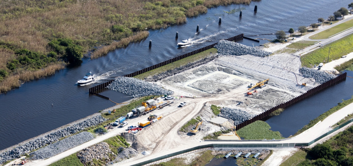 Crews work to replace Culvert 2 along the south side of Lake Okeechobee in Clewiston, Fla.  The U.S. Army Corps of Engineers is replacing 26 water control structures, commonly known as culverts, as part of its ongoing rehabilitation of the Herbert Hoover Dike which surrounds the lake.