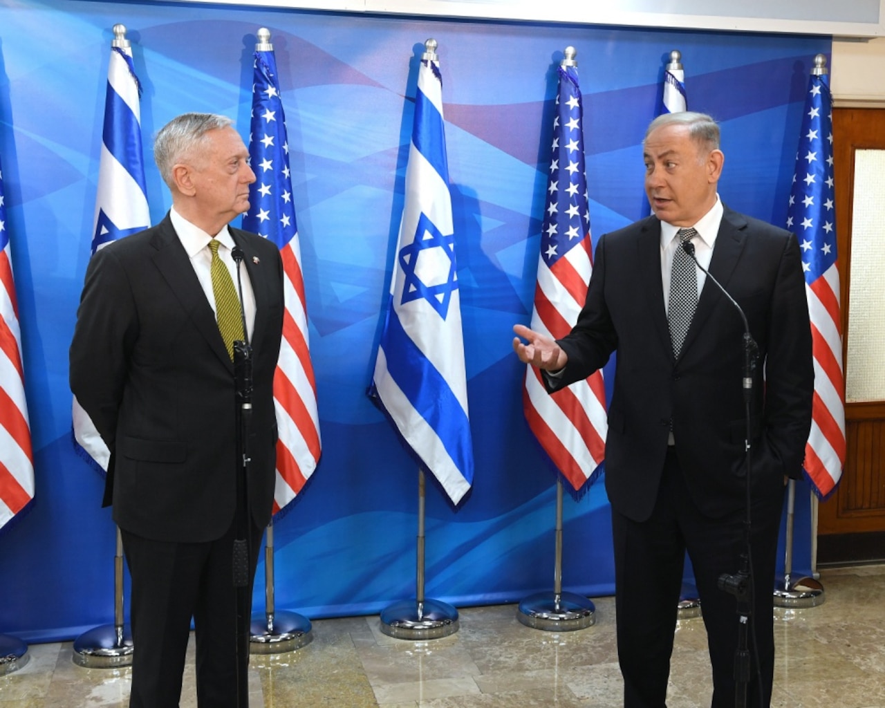 Defense Secretary Jim Mattis, who arrived in Israel April 20, was received by a full honor guard of Israeli soldiers at the Ministry of Defense and military headquarters in Tel Aviv, Israel, April 21, 2017. Mattis met with Israeli Defense Minister Avigdor Lieberman and other senior officials. Later, Mattis met separately with Israeli Prime Minister Benjamin Netanyahu in Jerusalem, pictured at right. U.S. Embassy Tel Aviv photo by Matty Stern