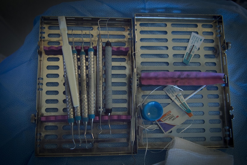 Dental tools sit on a tray during a cleaning in the 779th Medical Group dental clinic at Joint Base Andrews, Md., April 18, 2017. Dental assistants support general dentistry, periodontics, prosthodontics, orthodontics, endodontics and oral surgery while seeing approximately 2,000 patients a month. (U.S. Air Force photo by Senior Airman Mariah Haddenham)