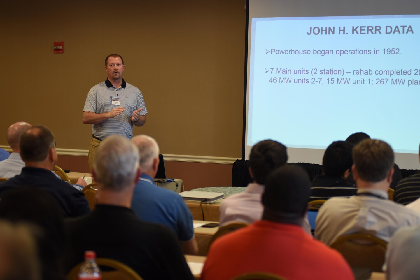 Tyler Carter, John H. Kerr Dam Powerhouse in Boydton, Va., talks about a generator bay floor replacement project during the 40th Annual Joint Hydropower Conference April 19, 2017 in Nashville Tenn.