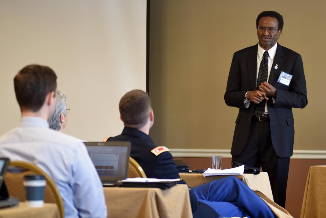 Kamau Sadiki, U.S. Army Corps of Engineers Hydropower Business Line manager, addresses the importance of holding hydropower reliability at a high and sustainable level during the 40th Annual Joint Hydropower Conference April 19, 2017 in Nashville Tenn.