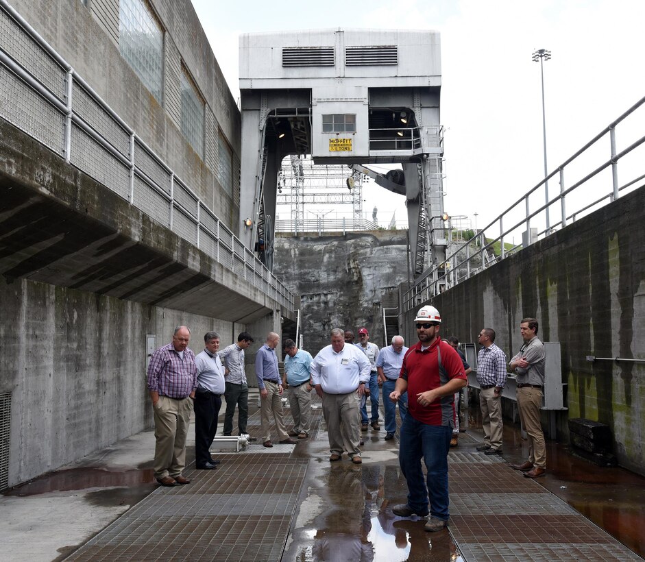 John Bell, power plant trainee, leads a group of hydropower experts attending the 40th Annual Joint Hydropower Conference in Nashville Tenn., on a tour of Old Hickory Dam in Old Hickory, Tenn., April 19, 2017. 