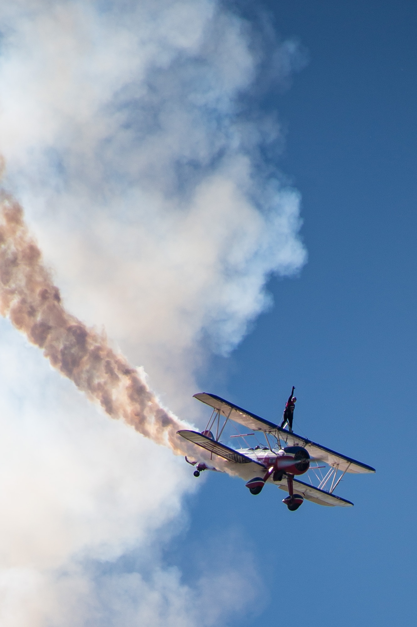 The Greg Shelton Wing Walker team performs during the Heritage to Horizon Air Show, April 8-9, 2017, Maxwell Air Force Base, Ala. US Air Force Thunderbirds demonstration team, the Air Force Academy Wings of Blue Parachute team and the French Air Force's Patrouille de France demonstration team were among the featured performers. (US Air Force photo by Melanie Rodgers Cox/Released)