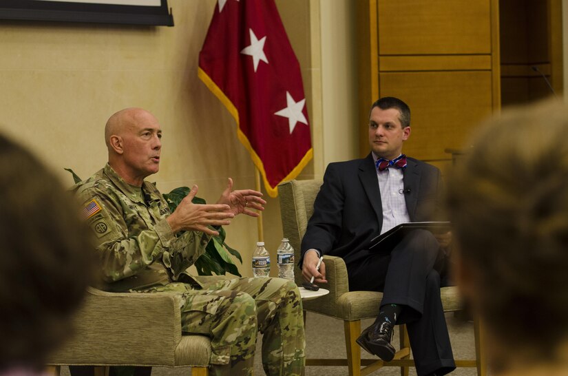Lt. Gen. Charles D. Luckey, Chief, Army Reserve & Commanding General, U.S. Army Reserve Command, led an engaging discussion with students and cadets about leadership and professionalism at the Wake Forest University School of Business in Winston Salem, North Carolina, April 18, 2017. Wake Forest's law school has used the “Conversation with...” format for campus visitors over the past decade as a way of creating a comfortable and interactive atmosphere with the students, rather than having a scripted conversation. The university's business school chose to use the same model for Luckey's visit. Matthew T. Phillips, an associate teaching professor at Wake Forest, acted as the moderator. (U.S. Army Reserve photo taken by Sgt. Stephanie Ramirez/Released)