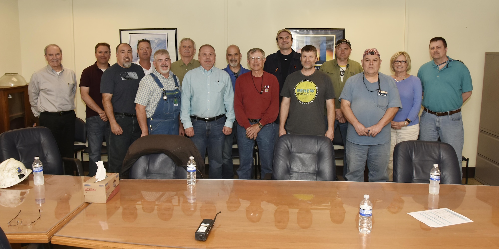 Members of the Manufacturing Safety Leadership Council, pictured left to right: Group Manager Dave Simmons, Inside Machinist Tim Scott, Inside Machinist Bob Williams, Non-Destructive Evaluation Technician Shannon Medley, Outside Machinist Jim Hereford, Deputy Group Manager Scott Henninger, Fabrication Planner Jeff Tate, Industrial Engineer Tracy McDonald, Sheet Metal Worker Paul Gallagher, Electrician Kendall Hampton, Pipefitter Paul Mosley, Ironworker Kevin Glaser, Chairman and boilermaker Robby Brannan, Operations and Maintenance Specialist Clara Sanders, and AEDC Safety Dave Dawkins. Members not shown are Craft Supervisor Darrell Townsend and Chemical and Material Engineer Ken Delaney. (U.S. Air Force photo/Rick Goodfriend) 