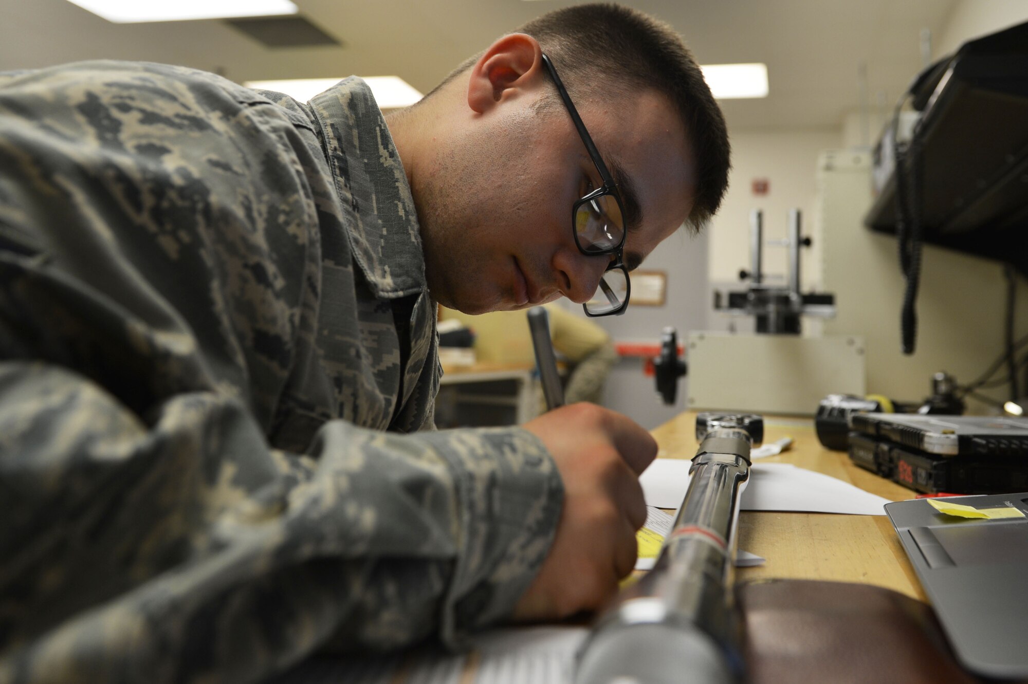 U.S. Air Force Airman 1st Class Paul Lippe, 20th Component Maintenance Squadron precision measurement equipment laboratory technician calibrates a torque wrench at Shaw Air Force Base, S.C., July 11, 2016. Lippe calibrated the torque wrench to ensure repairs made with it maintain Air Force standards. (U.S. Air Force photo by Airman 1st Class Christopher Maldonado)