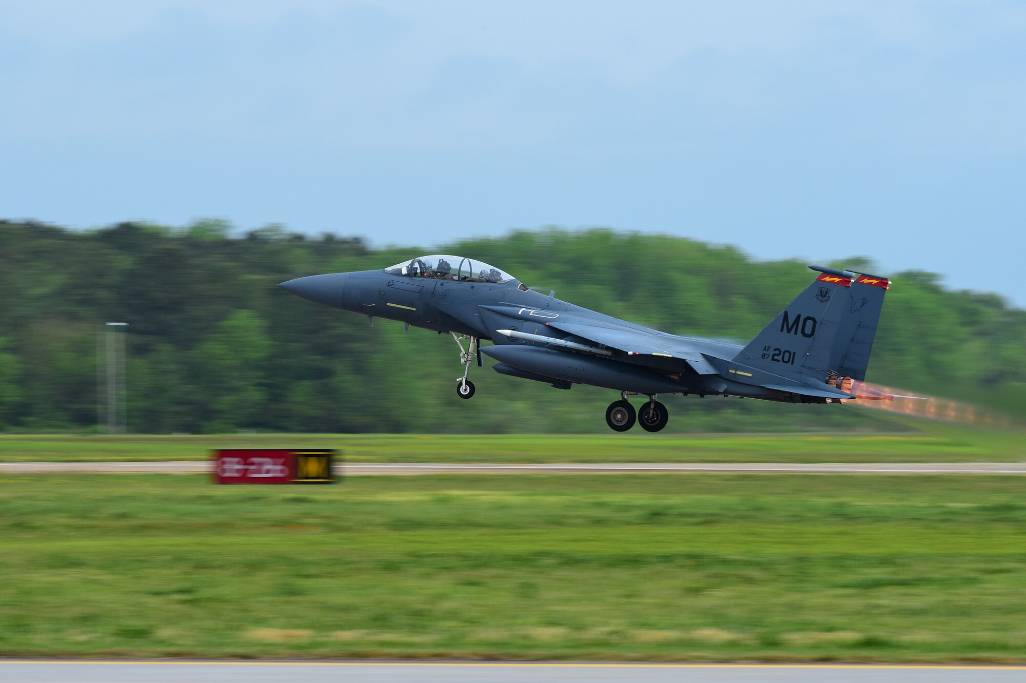 A U.S. Air Force F-15E Strike Eagle assigned to Mountain Home Air Force Base, Idaho, takes off for ATLANTIC TRIDENT 17 at Joint Base Langley-Eustis, Va., April 20, 2017. The exercise aims to allow sharing and development of techniques, tactics and procedures between U.S. Air Force, French air force, and Royal air force frontline fighters in order to fly, fight and win in modern highly-contested environments. (U.S. Air Force Photo/Airman 1st Class Tristan Biese)