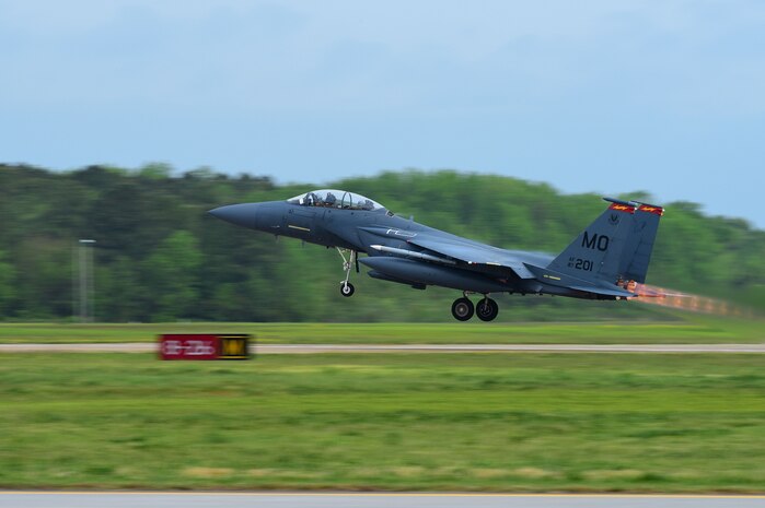 A U.S. Air Force F-15E Strike Eagle assigned to Mountain Home Air Force Base, Idaho, takes off for ATLANTIC TRIDENT 17 at Joint Base Langley-Eustis, Va., April 20, 2017. The exercise aims to allow sharing and development of techniques, tactics and procedures between U.S. Air Force, French air force, and Royal air force frontline fighters in order to fly, fight and win in modern highly-contested environments. (U.S. Air Force Photo/Airman 1st Class Tristan Biese)