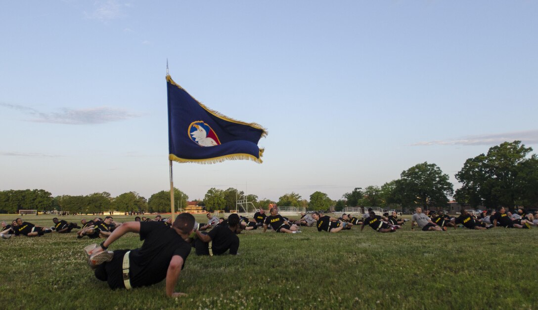 U.S. Army Reserve Command officers and noncommissioned officers cool down after  a staff run at Fort Bragg, N.C., April 21, 2017, to celebrate the 109th birthday of the Army Reserve. Created April 23, 1908 as the Medical Reserve Corps, America's Army Reserve of today has transformed into a capable, combat-ready, and lethal Federal reserve force in support of the Army at home and abroad. (U.S. Army Reserve photo by Stephanie Ramirez/Released)