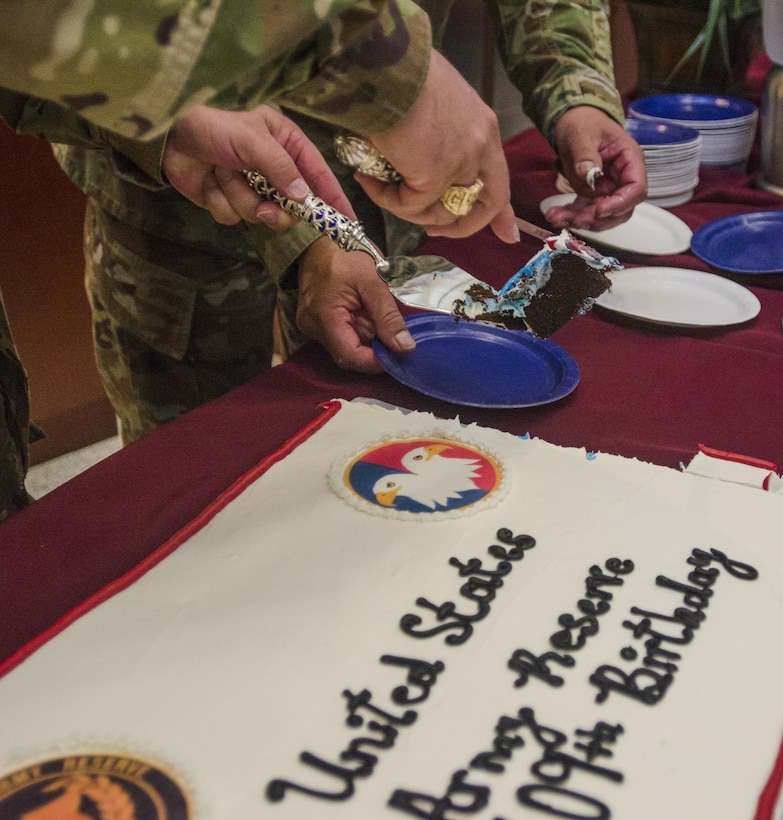 Soldiers and civilians celebrate the U.S. Army Reserve's 109th birthday at Fort Bragg, N.C., April 21, 2017. Created April 23, 1908 as the Medical Reserve Corps, America's Army Reserve of today has transformed into a capable, combat-ready, and lethal Federal reserve force in support of the Army at home and abroad. (U.S. Army Reserve photo by Stephanie Ramirez/Released)