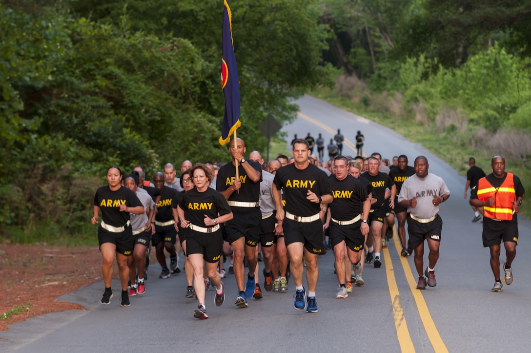 Maj. Gen. Megan P. Tatu, U.S. Army Reserve Command chief of staff, leads U.S. Army Reserve Command officers and noncommissioned officers in a staff run at Fort Bragg, N.C., April 21, 2017, to celebrate the 109th birthday of the Army Reserve. Created April 23, 1908 as the Medical Reserve Corps, America's Army Reserve of today has transformed into a capable, combat-ready, and lethal Federal reserve force in support of the Army at home and abroad. (U.S. Army Reserve photo by Timothy L. Hale)(Released)