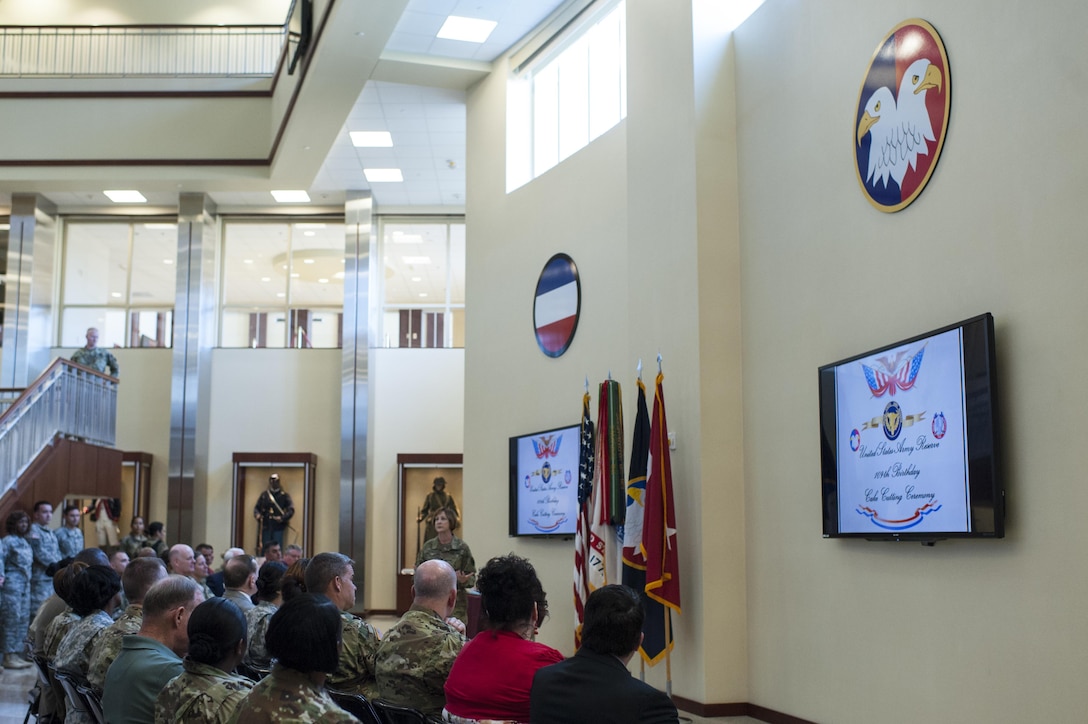 Maj. Gen. Megan P. Tatu, U.S. Army Reserve Command chief of staff, gives her remarks to Soldiers and civilians at the USARC headquarters at Fort Bragg, N.C., April 21, 2017, as they celebrate 109th anniversary of the of the U.S. Army Reserve. Created in 1908 as the Medical Reserve Corps, America's Army Reserve of today has transformed into a capable, combat-ready, and lethal Federal reserve force in support of the Army at home and abroad. (U.S. Army Reserve photo by Timothy L. Hale)(Released)