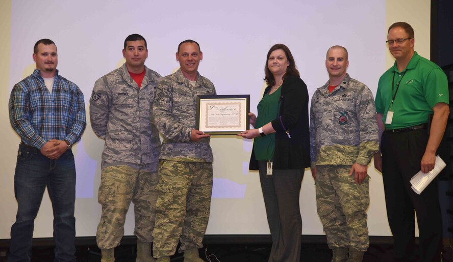 Airmen assigned to the 22nd Civil Engineer Squadron are presented with an I Make a Difference Award by the Derby Board of Education April 21, 2017, at Wineteer Elementary School in Wichita, Kan. The 22nd CES Heating, Ventilation, Air Conditioning and Refrigeration flight recently assisted the school during a heating outage and prevented school closure. (U.S. Air Force photo/Airman 1st Class Erin McClellan)