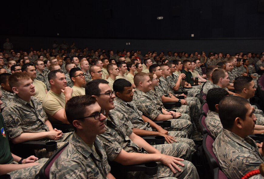 Airmen from the 81st Training Group attend the Airmen Building Airmen Symposium at the Welch Theater April 21, 2017, on Keesler Air Force Base, Miss. The Air Force Sergeants Association Chapter 652, sponsored the event designed to inspire young Airmen and help them develop their leadership skills.  (U.S. Air Force photo by Kemberly Groue)