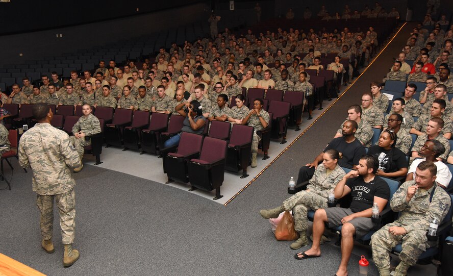 Master Sgt. Courtney Stanton, 2nd Bomb Wing employment opportunity director, Barksdale Air Force Base, La., delivers remarks during the Airmen Building Airmen Symposium at the Welch Theater April 21, 2017, on Keesler Air Force Base, Miss. The Air Force Sergeants Association Chapter 652, sponsored the event designed to inspire young Airmen and help them develop their leadership skills.  (U.S. Air Force photo by Kemberly Groue)