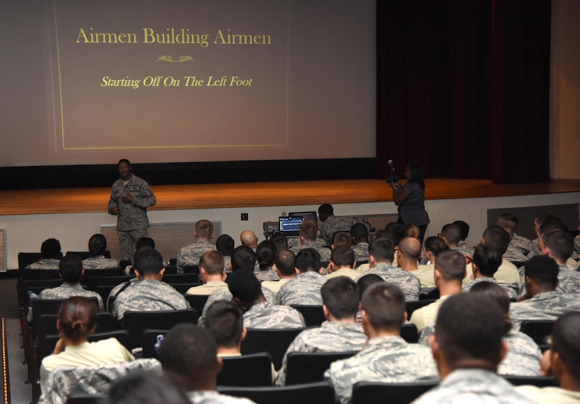 Master Sgt. Courtney Stanton, 2nd Bomb Wing employment opportunity director, Barksdale Air Force Base, La., delivers remarks during the Airmen Building Airmen Symposium at the Welch Theater April 21, 2017, on Keesler Air Force Base, Miss. The Air Force Sergeants Association Chapter 652, sponsored the event designed to inspire young Airmen and help them develop their leadership skills.  (U.S. Air Force photo by Kemberly Groue)