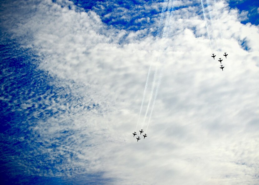 The Patrouille de France, the French air force’s aerial demonstration team, performs during an ATLANTIC TRIDENT 17 World War I Remembrance Day at Joint Base Langley-Eustis, Va., April 21, 2017. With an eight-aircraft formation, the Patrouille de France is the largest aerial demonstration team in the world. (U.S. Air Force photo/Staff Sgt. Areca T. Bell)