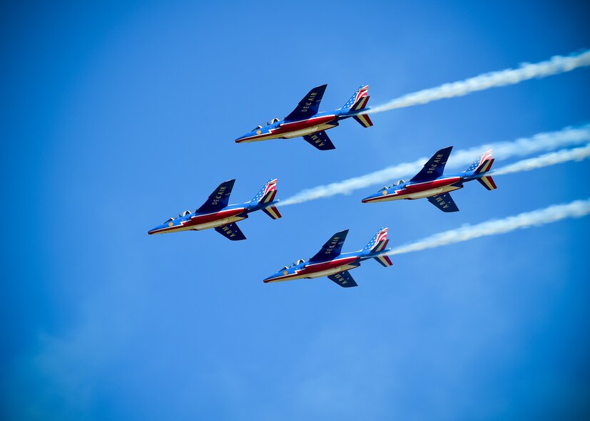The Patrouille de France, the French air force’s aerial demonstration team, performs during an ATLANTIC TRIDENT 17 World War I Remembrance Day at Joint Base Langley-Eustis, Va., April 21, 2017. The team consists of a commander, nine pilots and 30 ground-crew members. (U.S. Air Force photo/Staff Sgt. Areca T. Bell)