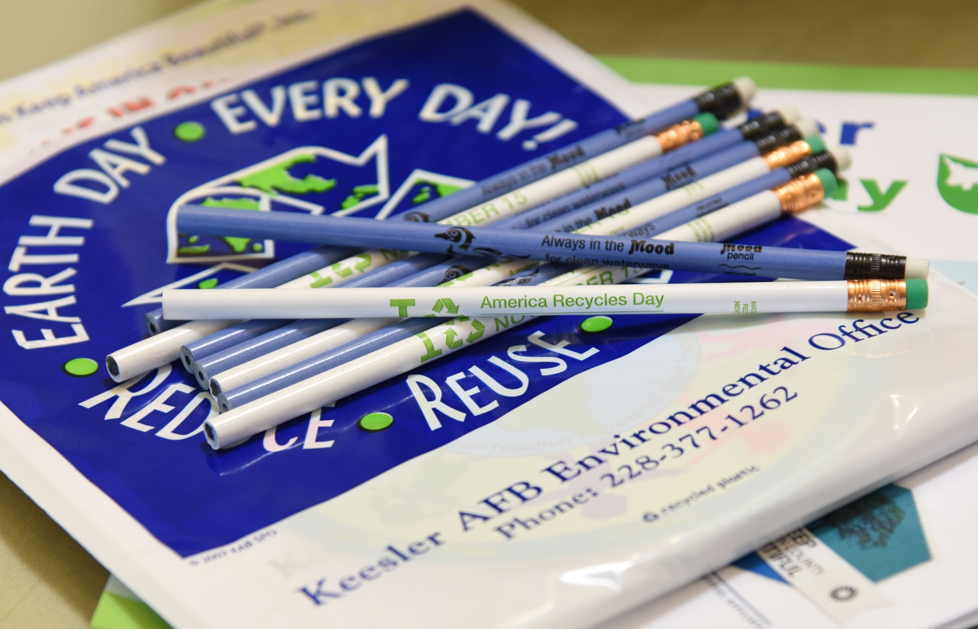 Pencils made from recycled materials sit on display at an Earth Day booth in the base exchange April 21, 2017, on Keesler Air Force Base, Miss. The base operations support energy program and environmental office staffs set-up a booth with hand-outs and reading material about recycling and environmental sustainability for Keesler personnel in recognition of Earth Day. (U.S. Air Force photo by Kemberly Groue)