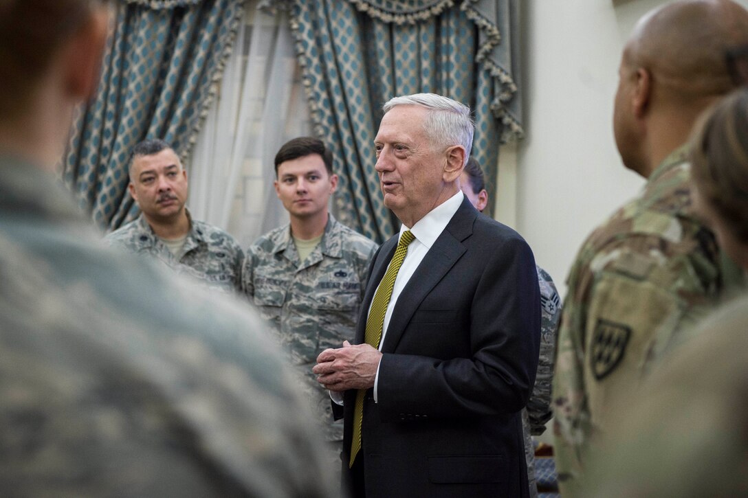 Defense Secretary Jim Mattis meets with troops stationed at Al Udeid Air Base, Qatar, April 21, 2017. Mattis is visiting the Middle East and Africa to reaffirm key U.S. military alliances, engage with strategic partners and discuss cooperative efforts to counter destabilizing activities and defeat extremist organizations. DoD photo by Air Force Tech. Sgt. Brigitte N. Brantley