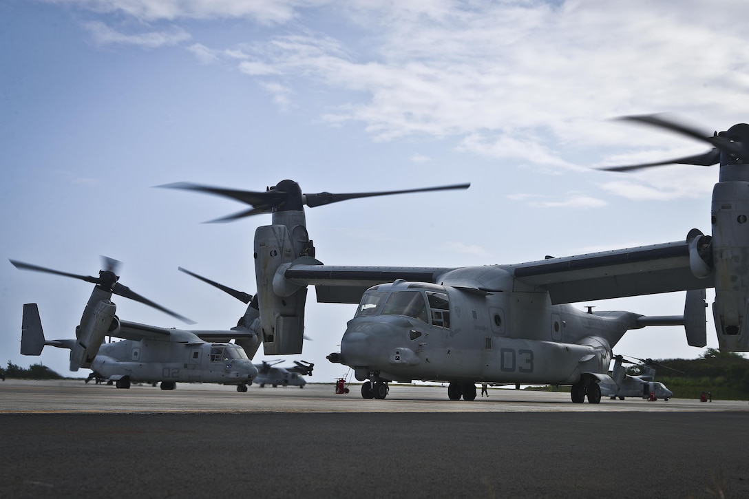 MV-22 Osprey aircraft with Marine Medium Tiltrotor Squadron (VMM) 268, 1st Marine Aircraft Wing, also known as the "Red Dragons', depart from Marine Corps Base Hawaii to begin their deployment to Australia in support of Marine Rotational Force - Darwin, April 19, 2017. This marks the first transatlantic flight from Hawaii to Australia for the aircraft and the deployment for VMM-268 since the squadron move from MCAS Miramar, Calif., to Hawaii. (U.S. Marine Corps photo by Cpl. Aaron S. Patterson/Released)