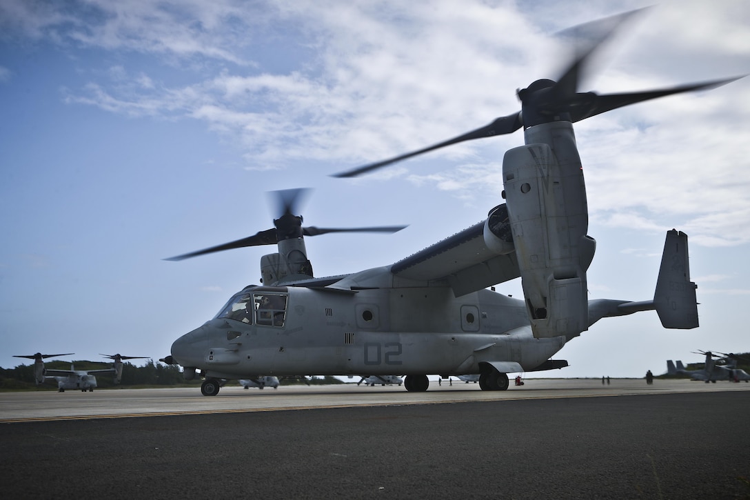 An MV-22 Osprey aircraft with Marine Medium Tiltrotor Squadron (VMM) 268, 1st Marine Aircraft Wing, also known as the "Red Dragons', depart from Marine Corps Base Hawaii to begin their deployment to Australia in support of Marine Rotational Force - Darwin, April 19, 2017. This marks the first transatlantic flight from Hawaii to Australia for the aircraft and the deployment for VMM-268 since the squadron move from MCAS Miramar, Calif., to Hawaii. (U.S. Marine Corps photo by Cpl. Aaron S. Patterson/Released)