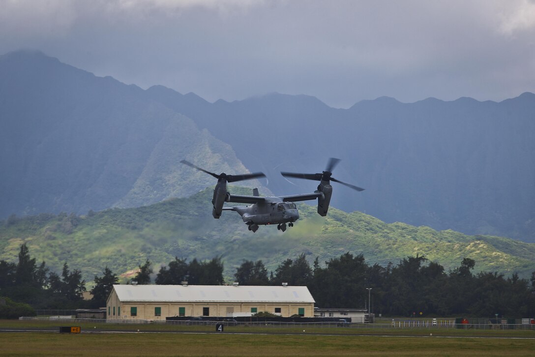 An MV-22 Osprey aircraft with Marine Medium Tiltrotor Squadron (VMM) 268, 1st Marine Aircraft Wing, also known as the "Red Dragons', depart from Marine Corps Base Hawaii to begin their deployment to Australia in support of Marine Rotational Force - Darwin, April 19, 2017. This marks the first transatlantic flight from Hawaii to Australia for the aircraft and the deployment for VMM-268 since the squadron move from MCAS Miramar, Calif., to Hawaii. (U.S. Marine Corps photo by Cpl. Aaron S. Patterson/Released)