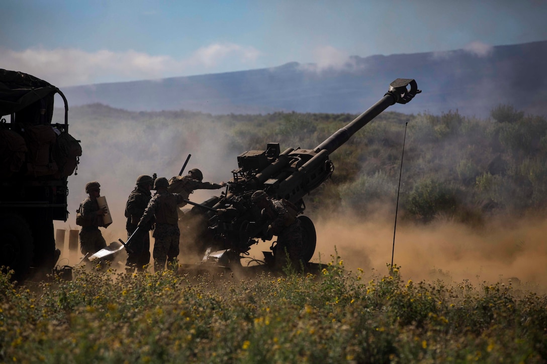 U.S. Marines assigned to Bravo Battery, 1st Battalion, 12th Marine Regiment, operate an M777A2 Lightweight Towed Howitzer during Spartan Fury at the Pohakuloa Training Area, on the big island of Hawaii, March 23, 2017. Spartan Fury is a Battalion level pre-deployment training exercise designed to improve sustainment training for future deployments. (U.S. Marine Corps photo by Cpl. Alex Kouns/Released)