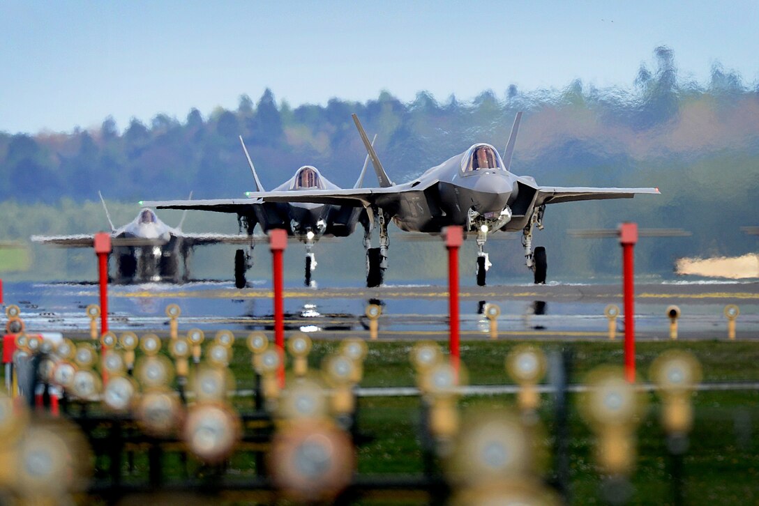 F-35A Lightning II's from the 34th Fighter Squadron at Hill Air Force Base, Utah, land at Royal Air Force Lakenheath, England, April 15, 2017. The aircraft arrival marks the first F-35A fighter training deployment to the U.S. European Command area of responsibility or any overseas location as a flying training deployment. (U.S. Air Force photo/Tech. Sgt. Matthew Plew)