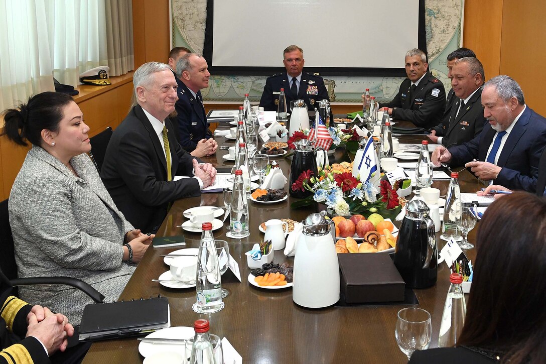 Defense Secretary Jim Mattis meets with Israeli Defense Minister Avigdor Lieberman and other Israeli officials in Tel Aviv, Israel, April 21, 2017. U.S. Embassy photo by Matty Stern

