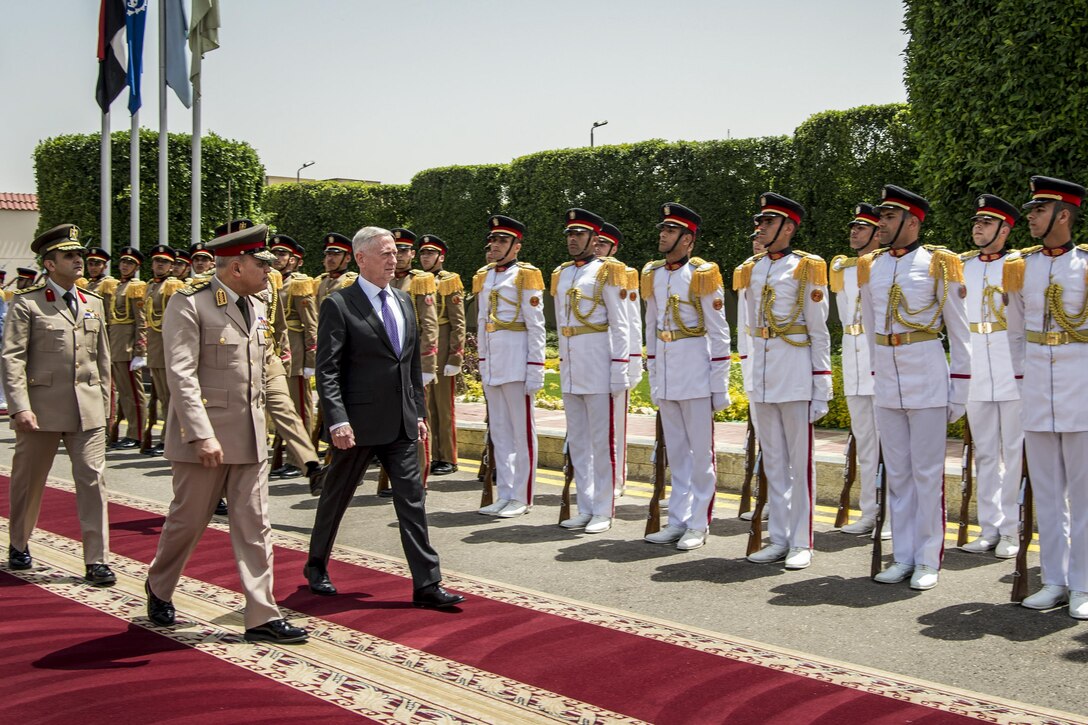 Defense Secretary Jim Mattis walks with Egyptian Defense Minister Sedki Sobhy, who hosted an enhanced honor cordon for Mattis at the Defense Ministry in Cairo, April 20, 2017. DoD photo by Air Force Tech. Sgt. Brigitte N. Brantley