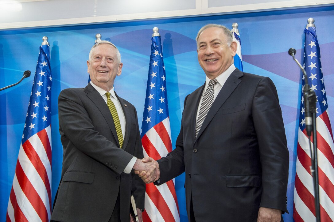 Defense Secretary Jim Mattis shakes hands with Israeli Prime Minister Benjamin Netanyahu in Jerusalem, April 21, 2017. DoD photo by Air Force Tech. Sgt. Brigitte N. Brantley