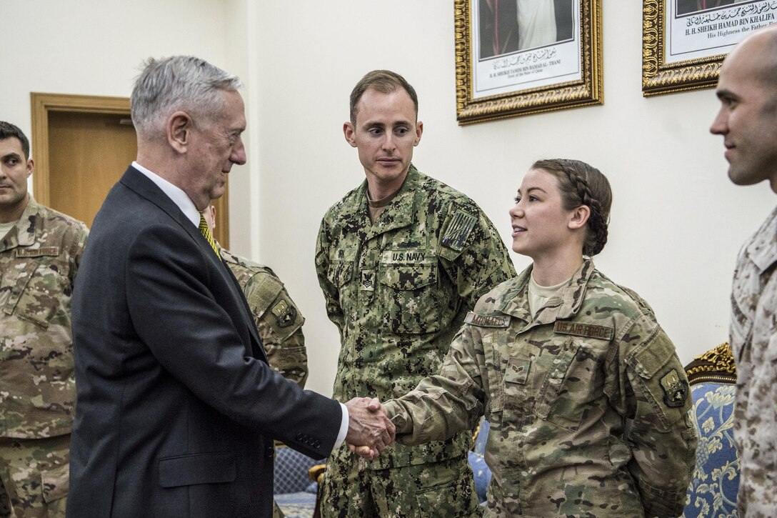 Defense Secretary Jim Mattis meets with troops stationed at Al Udeid Air Base, Qatar, April 21, 2017. Mattis is visiting the Middle East and Africa to reaffirm key U.S. military alliances, engage with strategic partners and discuss cooperative efforts to counter destabilizing activities and defeat extremist organizations. DoD photo by Air Force Tech. Sgt. Brigitte N. Brantley