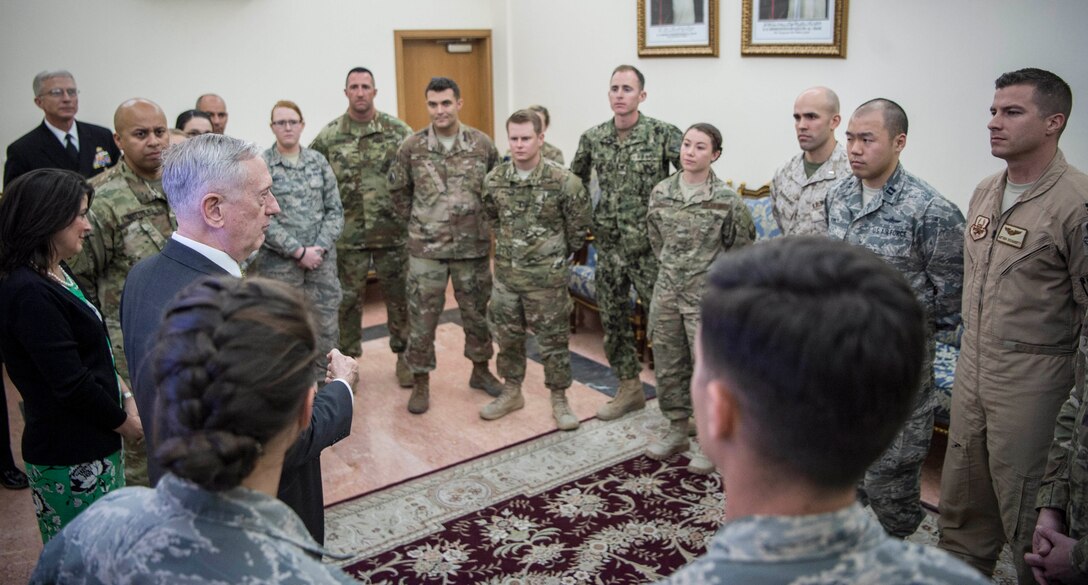 Defense Secretary Jim Mattis meets with troops stationed at Al Udeid Air Base, Qatar, April 21, 2017. Mattis is visiting the Middle East and Africa to reaffirm key U.S. military alliances, engage with strategic partners and discuss cooperative efforts to counter destabilizing activities and defeat extremist organizations. DoD photo by Air Force Tech. Sgt. Brigitte N. Brantley