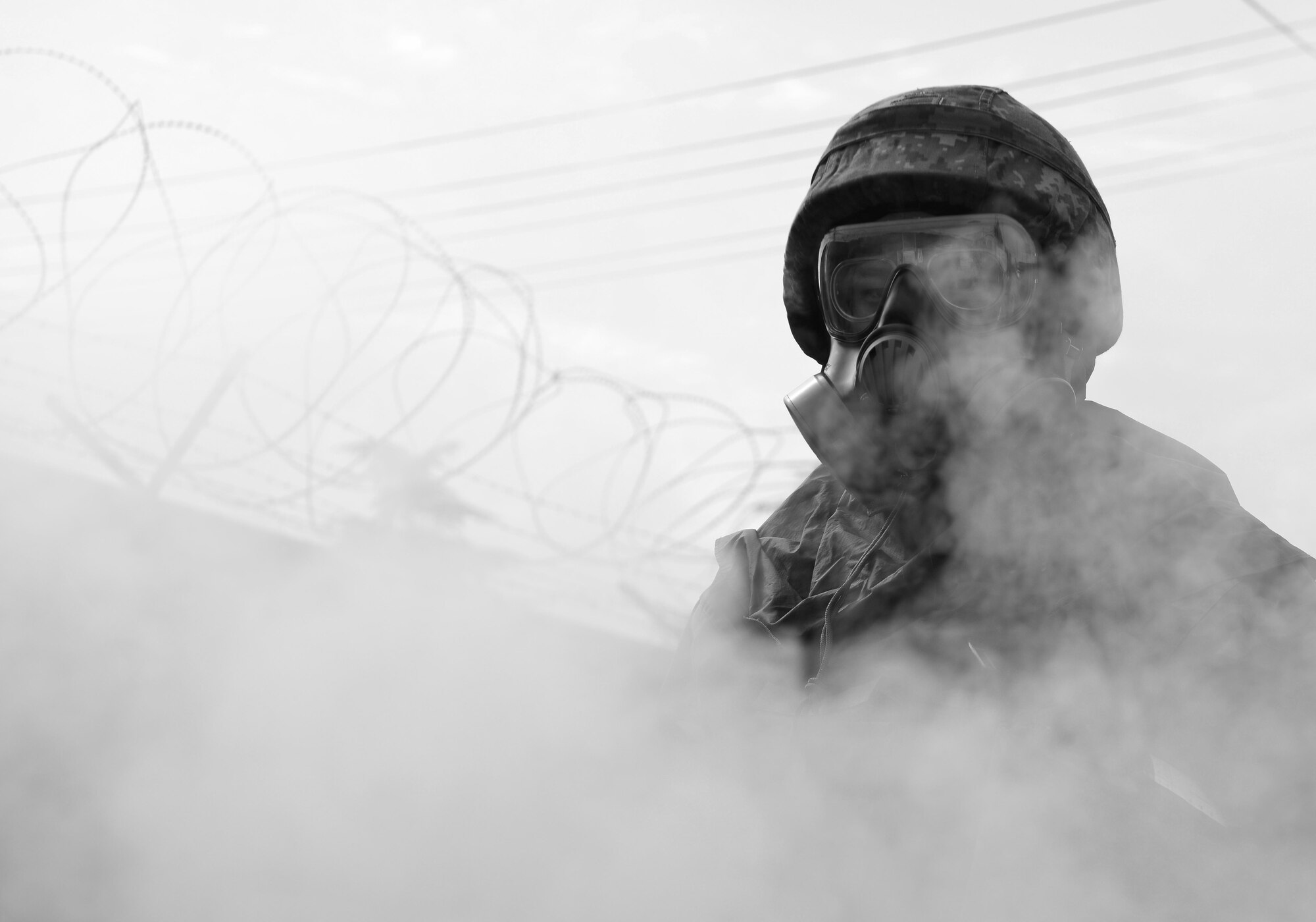 A Republic of Korea Airman assists with decontamination operations during the ROK/U.S. Combined Chemical, Biological, Radiological, and Nuclear Field Training Exercise at Daegu Air Base, April 20, 2017. The exercise was coupled with the U.S./ROK Combined Airfield Damage Repair Exercise and included classroom study as well as detection and decontamination scenarios. (U.S. Air Force photo by Staff Sgt. Alex Fox Echols III)