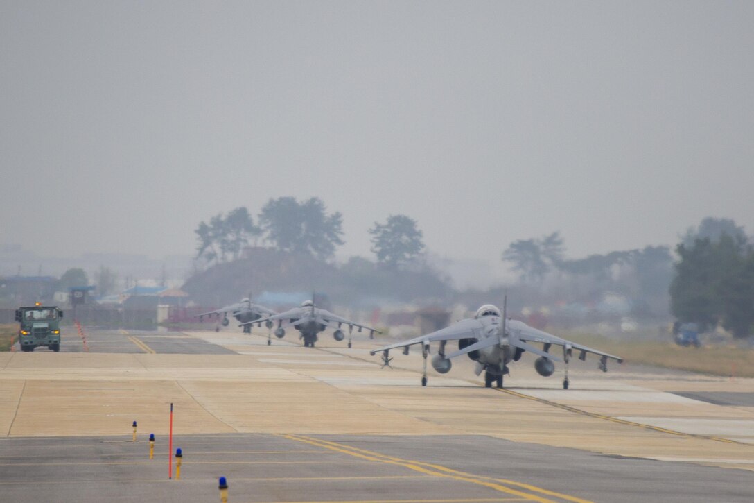 U.S. Marine AV-8B Harriers taxi down the runway during Exercise MAX THUNDER 17 at Kunsan Air Base, Republic of Korea, April 18, 2017. Max Thunder serves as an opportunity for U.S. and ROK forces to train together and sharpen tactical skills for the defense of the Asia-Pacific region. It is an annual military-flying exercise built to promote interoperability between U.S. and ROK forces. (U.S. Marine Corps photo by Lance Cpl. Carlos Jimenez)