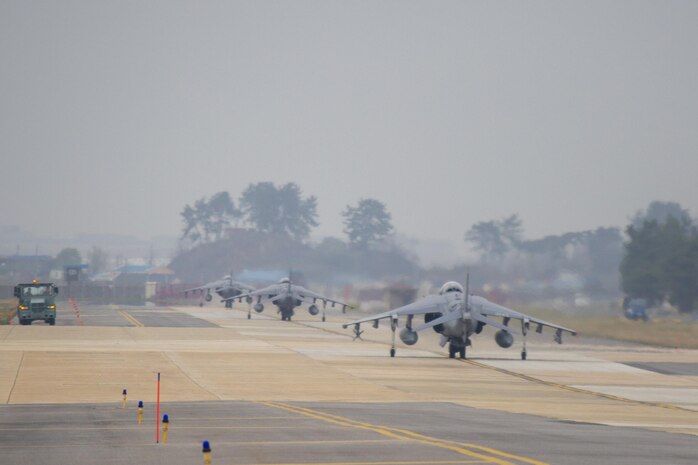 U.S. Marine AV-8B Harriers taxi down the runway during Exercise MAX THUNDER 17 at Kunsan Air Base, Republic of Korea, April 18, 2017. Max Thunder serves as an opportunity for U.S. and ROK forces to train together and sharpen tactical skills for the defense of the Asia-Pacific region. It is an annual military-flying exercise built to promote interoperability between U.S. and ROK forces. (U.S. Marine Corps photo by Lance Cpl. Carlos Jimenez)
