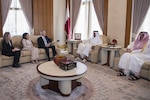 Defense Secretary Jim Mattis meets with Qatar’s Emir Sheikh Tamim bin Hamad Al Thani at the Sea Palace in Doha, Qatar, April 22, 2017. Sitting to Mattis' left are his advisor, Sally Donnelly, and Dana Smith, U.S. ambassador to Qatar. DoD photo by Air Force Tech. Sgt. Brigitte N. Brantley