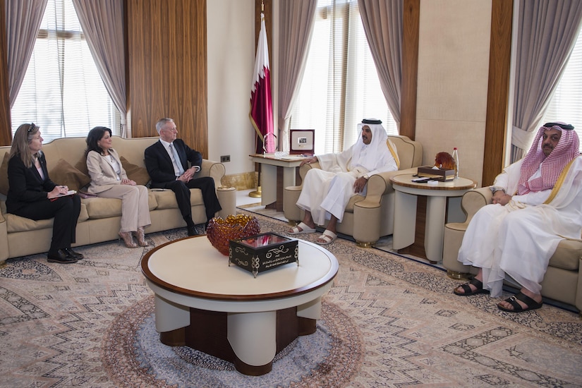 Defense Secretary Jim Mattis meets with Qatar’s Emir Sheikh Tamim bin Hamad Al Thani at the Sea Palace in Doha, Qatar, April 22, 2017. Sitting to Mattis' left are his advisor, Sally Donnelly, and Dana Smith, U.S. ambassador to Qatar. DoD photo by Air Force Tech. Sgt. Brigitte N. Brantley