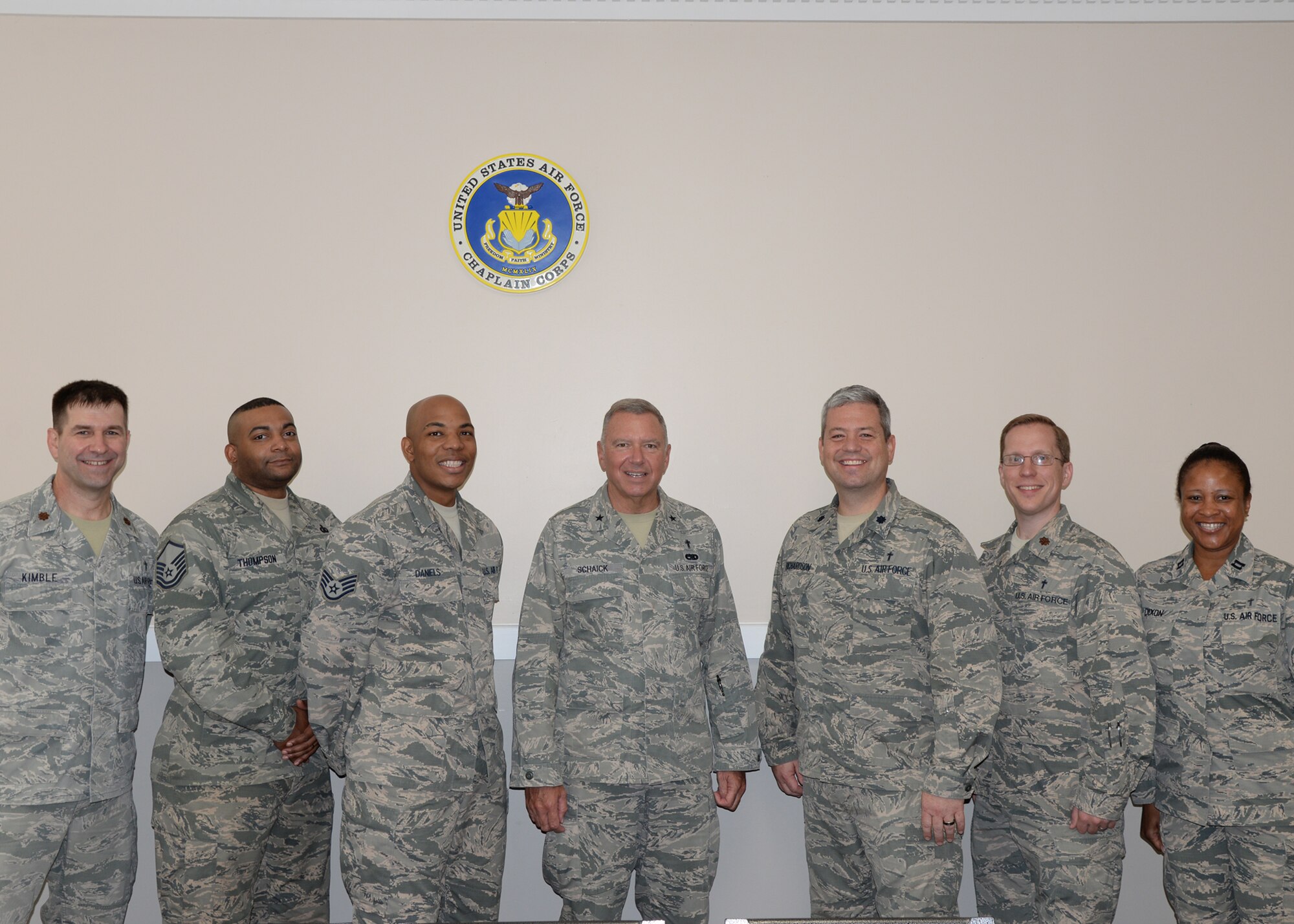The 14th Flying Training Wing Chapel team stands with Chaplain (Brig. Gen.) Schiack, Deputy Chief of Chaplains, April 19, 2017, at Columbus Air Force Base, Mississippi.
Schiack originally enlisted to serve four years then go to college, however he took the opportunity to commission as a chaplain. (U.S. Air Force photo by Airman 1st Class Beaux Hebert)