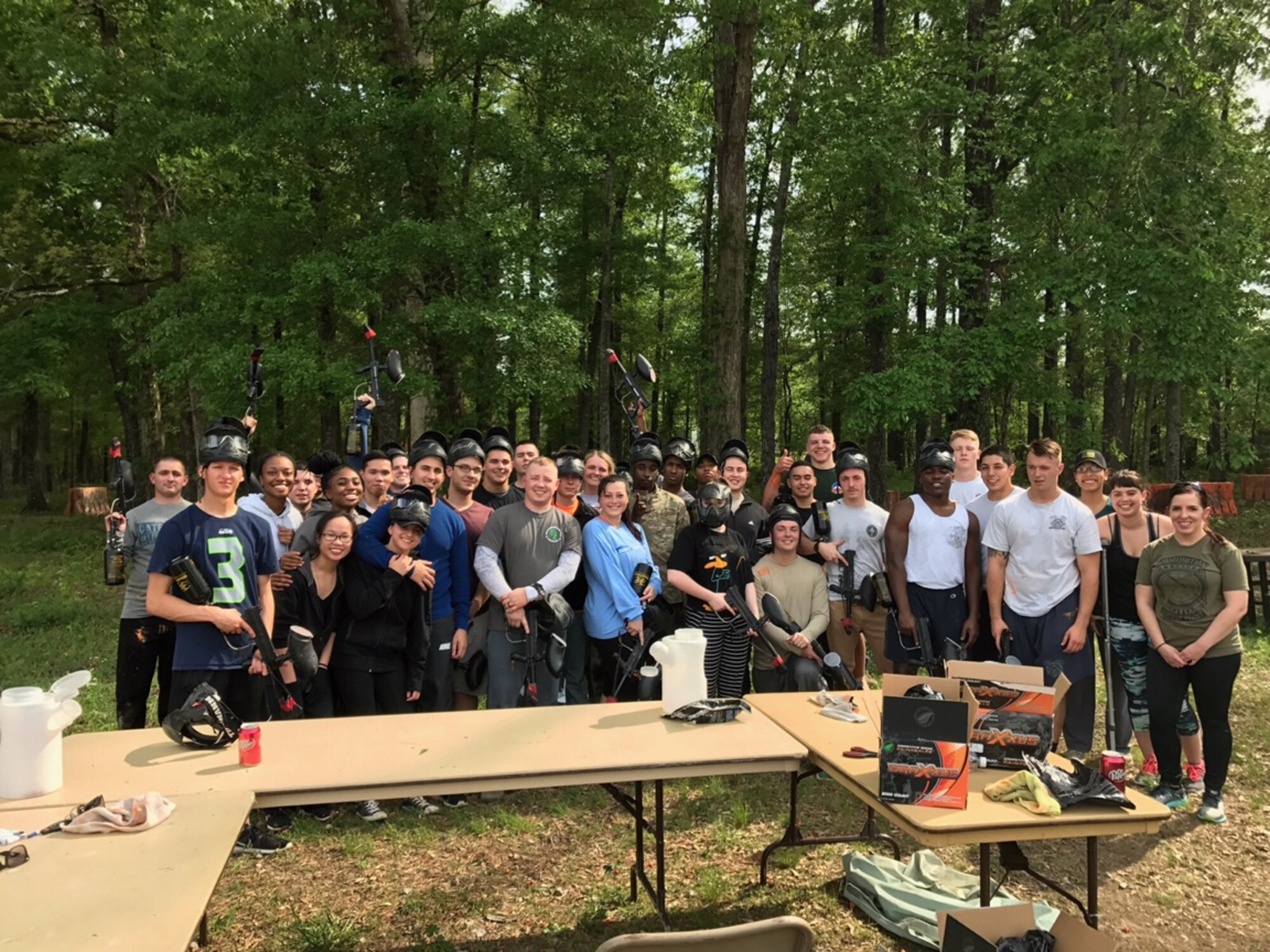 Airmen the rank of E-4 and below pose for a photo April 14, 2017, on Columbus Air Force Base, Mississippi. The First Four organized a game of paintball for Airmen and to invite them to join their organization. (Courtesy photo)