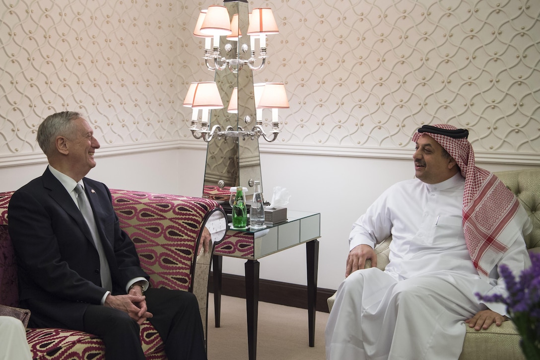 Defense Secretary Jim Mattis attends a bilateral meeting with Qatari Defense Minister Khalid bin Mohammed al-Attiyah 