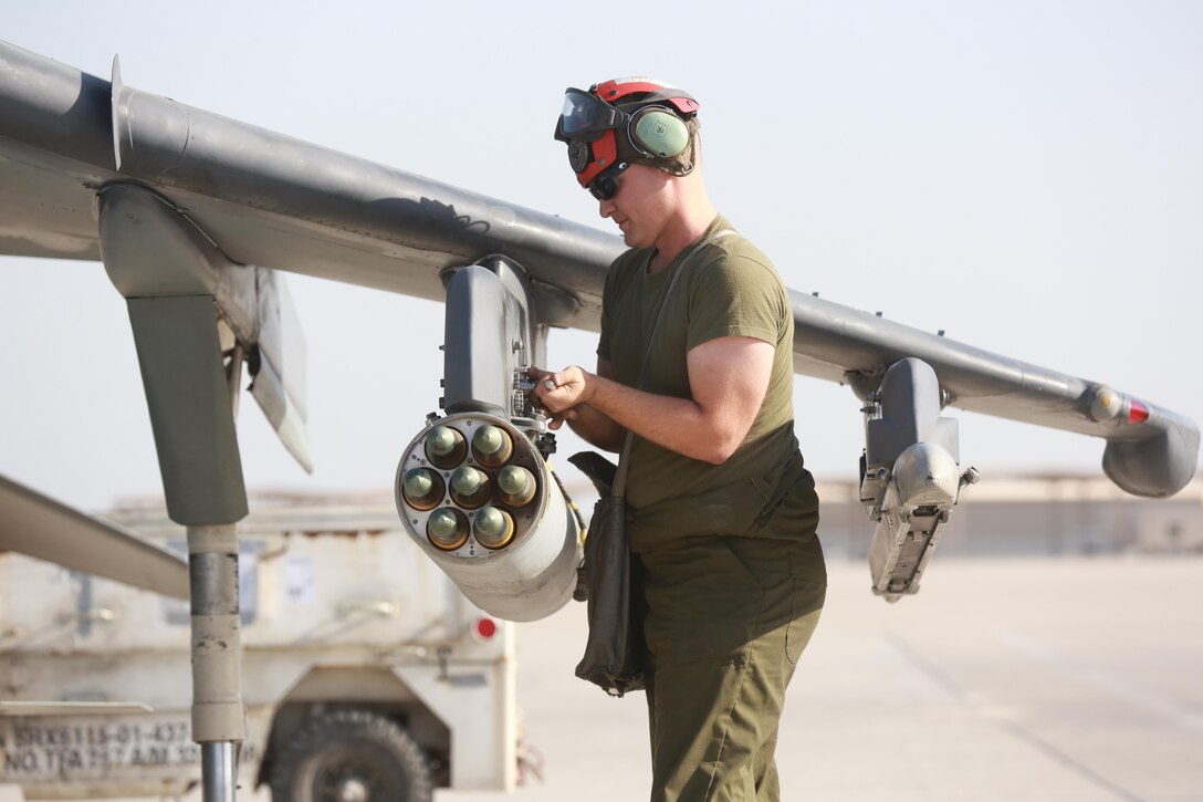 U.S. Marine Corps Cpl. Patrick Poore, an aviation ordnance technician deployed in support of Combined Joint Task Force – Operation Inherent Resolve, assigned to Marine Attack Squadron 231, Special Purpose Marine Air-Ground Task Force-Crisis Response-Central Command, conducts pre-flight checks, Feb. 27, 2017. SPMAGTF-CR-CC continues its commitment to support OIR and USCENTCOM through employment of kinetic air strike missions, security cooperation and crisis response assets within the region. CJTF-OIR is the global Coalition to defeat ISIS in Iraq and Syria. (U.S. Marine Corps photo by Staff Sgt. Jennifer B. Poole)