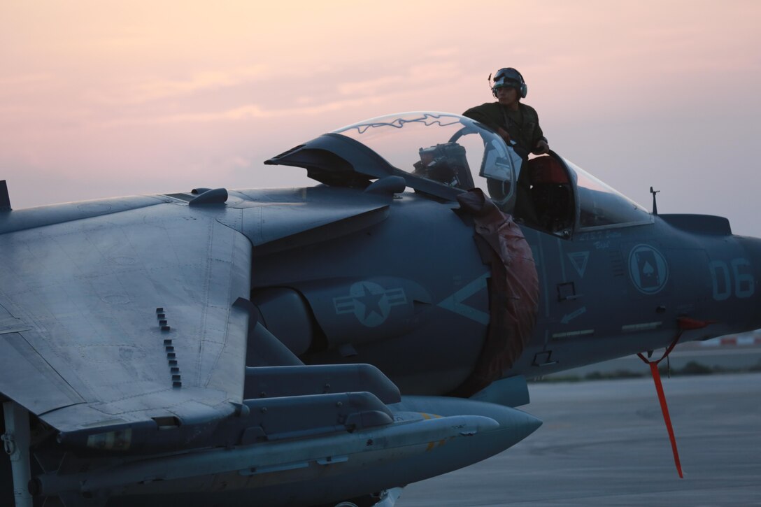 U.S. Marine Corps Sgt. Levi Torres, an avionics technician deployed in support of Combined Joint Task Force – Operation Inherent Resolve, assigned to Marine Attack Squadron 231, Special Purpose Marine Air-Ground Task Force-Crisis Response-Central Command, conducts a pre-flight check on an AV-8B Harrier, March 2, 2017. SPMAGTF-CR-CC continues its commitment to support OIR and USCENTCOM through employment of kinetic air strike missions, security cooperation and crisis response assets within the region. CJTF-OIR is the global Coalition to defeat ISIS in Iraq and Syria. (U.S. Marine Corps photo by Staff Sgt. Jennifer B. Poole)