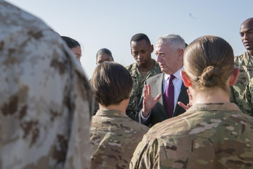 Defense Secretary Jim Mattis meets with troops stationed at Camp Lemmonier, Djibouti, April 23, 2017. DoD photo by Air Force Tech. Sgt. Brigitte N. Brantley