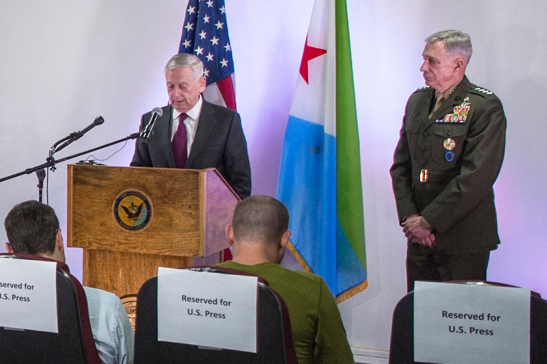 Defense Secretary Jim Mattis hosts a joint news conference with Marine Corps Gen. Thomas D. Waldhauser, commander of U.S. Africa Command, at Camp Lemmonier, Djibouti, April 23, 2017. DoD photo by Air Force Tech. Sgt. Brigitte N. Brantley